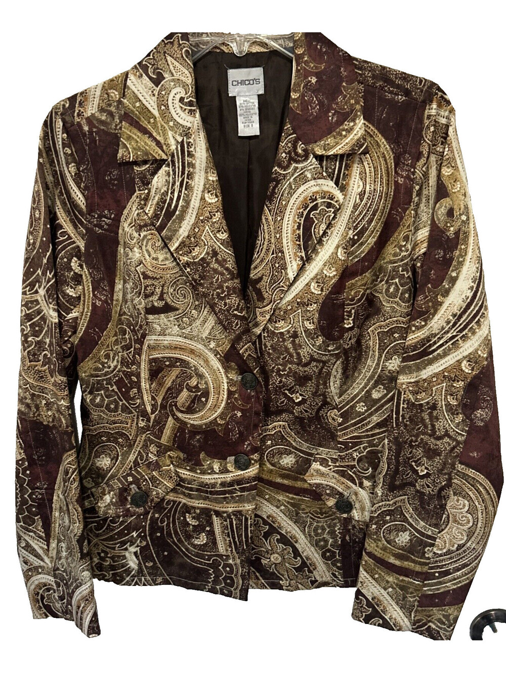 Chico's Jacket Size 0 (4-6) Brown Paisley Satin Lined 2 Button Style Blazer LNC